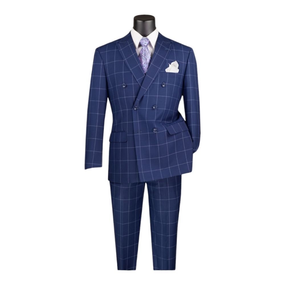 MEN'S VINCI 2 PIECE MODERN FIT WINDOWPANE DOUBLE BREASTED SUIT. MDW-1 BLUE.